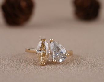 Colorless & Champagne Moissanite Toi Et Moi Ring / Pear And Fancy Colored Marquise Moissanite Ring / 14K Gold Engagement Ring / Gift For Her