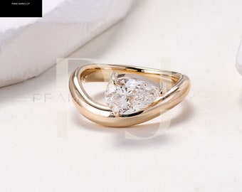 Pear Moissanite Ring 14k Gold, Pear Moissanite Engagement Ring East West Unique Sideway Pear Moissanite Ring, Gift For Her