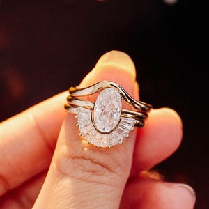 Vintage 3 PCS Bridal Set/ 14K Solid Gold Rings/ 2 CT Oval Cut Moissanite Engagement Rings/ Anniversary Rings/ Eternity Wedding Bands