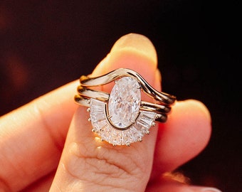 Vintage 3 PCS Bridal Set/ 14K Solid Gold Rings/ 2 CT Oval Cut Moissanite Engagement Rings/ Anniversary Rings/ Eternity Wedding Bands
