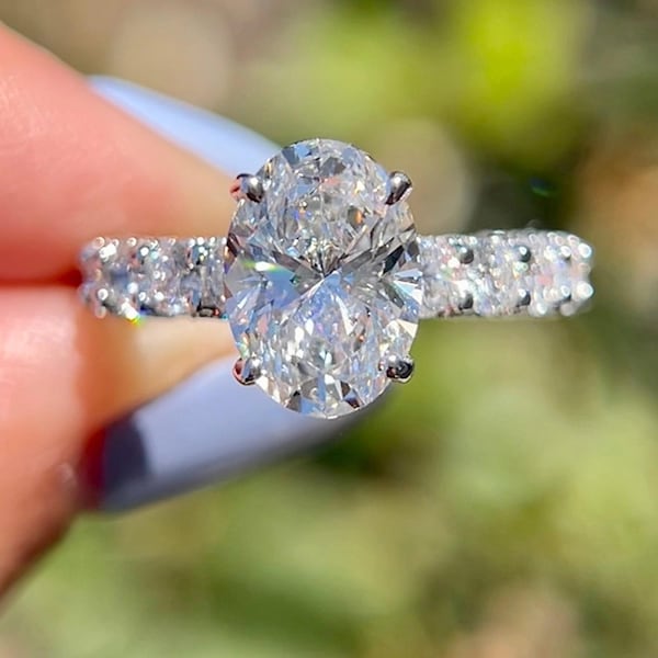 14K Gold Oval Cut Moissanite Diamond Engagement Ring, Hidden Halo Wedding Ring, U Prong Diamond Set Ring, Thick Band Bridal Anniversary Ring