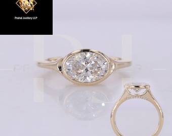 East West Oval Cut Moissanite Solitaire With Accent Ring, 18K Solid White Gold Vintage Ring, Unique Ring, Wedding Ring, Gift For Women