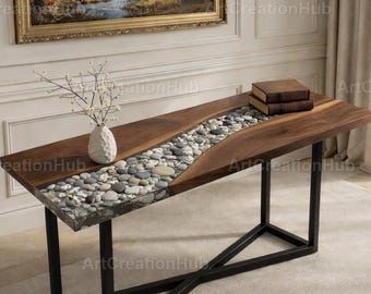 Live Edge River Console Table | Walnut Wood Sofa Table with Natural River Stones & Clear Epoxy Resin | Modern Entryway Table