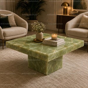 Green Onyx Coffee Table | Luxury Square Stone Coffee Table | Modern Onyx Living Room Table | Handmade Natural Stone Furniture