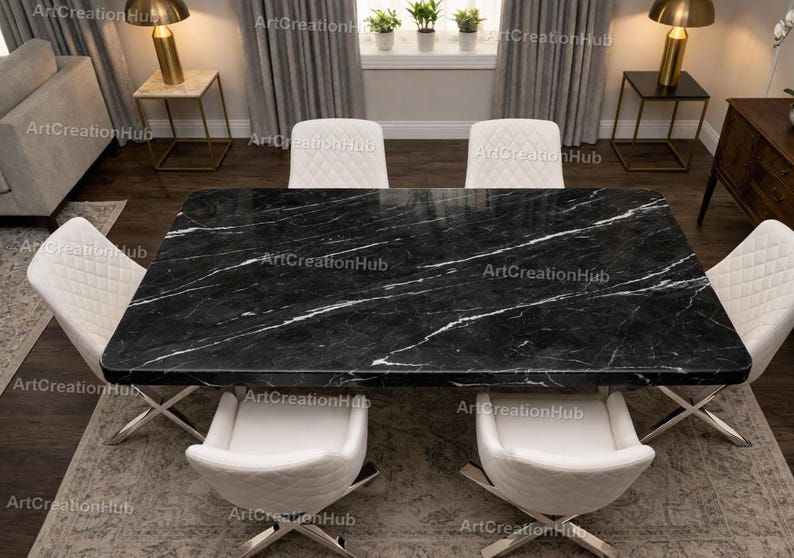 Black Spider Stone Dining Table Set, White Diamond Stitch Chairs ...