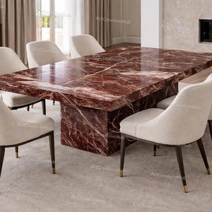 Mesa de comedor de lujo en mármol Rosso Levanto | Mesa rectangular de piedra italiana | Mesa de comedor personalizada hecha a mano | Muebles modernos de gran impacto