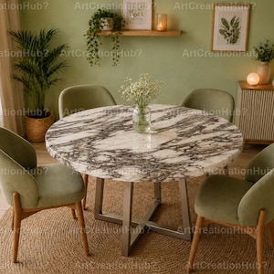 Round Calacatta Marble Dining Table – Luxury Stone Kitchen Table, Modern Brown  White Marble Table, Handmade Round Dining Table Dining Table