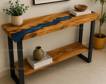 Ocean Blue Epoxy Console Table, Walnut Wood River Table, Rustic Modern Entryway Furniture Live Edge Wood & Blue Resin Console Table,