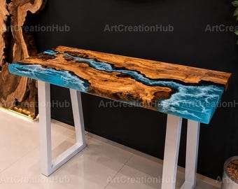 BlueEpoxy River Console Table, Handmade Live Edge Wood Table Ocean Wave Resin Entryway Table, Coastal Decor Luxury Ocean Resin Console Table