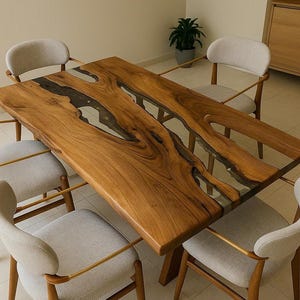 Pode incluir: Uma mesa de jantar retangular de madeira com um design de borda viva e um rio de resina epóxi transparente. A mesa é rodeada por seis cadeiras estofadas cinzentas com armações de madeira e detalhes metálicos dourados. A mesa mede cerca de 183 cm de comprimento.