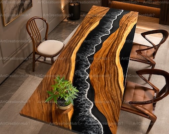 Black Ocean Epoxy River Dining Table, Live Edge Walnut Wood Table, Handmade Resin River Dining Table  Black Resin Ocean Wave Dining Table,