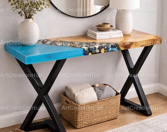 BlueEpoxy River Console Table, Handmade Live Edge Wood Table Ocean Wave Resin Entryway Table, Coastal Decor Luxury Ocean Resin Console Table