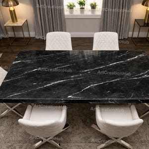 Juego de mesa de comedor de piedra Black Spider, sillas con costuras de diamante blancas, juego de comedor de lujo, mesa moderna con base cromada y tablero de mármol Black Spider.