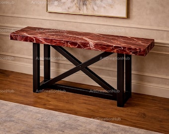 Rosso Levanto Marble Console Table – Deep Red Stone Entryway Table – Industrial X Base Hall Table – Luxury Modern Red Marble Console Table