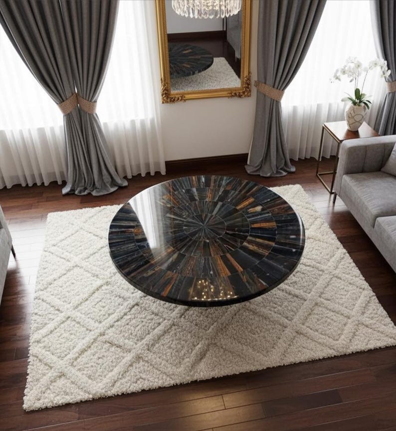 Patterned Round Table Round Polished Stone Table – Geometric Patterned Art Furniture Piece ...