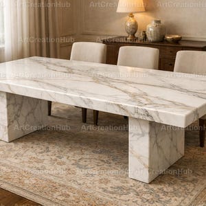 Handmade White Marble Dining Table | Luxury Rectangular Stone Table | Modern Dining Room Furniture | Custom Marble Dining Table