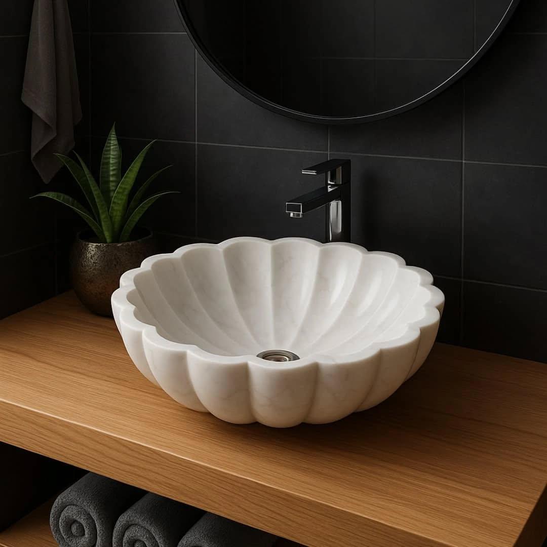 Shell Like Sink White Marble Shell Sink | Scalloped Vessel Bathroom Sink | Minimalist ...