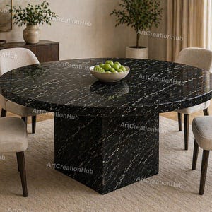 Mesa de comedor moderna de mármol negro | Mesa redonda de piedra con pedestal | Muebles de comedor minimalistas de lujo | Mesa de comedor de mármol araña negro