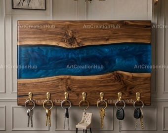Live Edge Walnut Key Holder with Blue Epoxy Resin River | Wall Mounted Key Rack | Rustic Wood Key Organizer | Housewarming Gift Wood Key