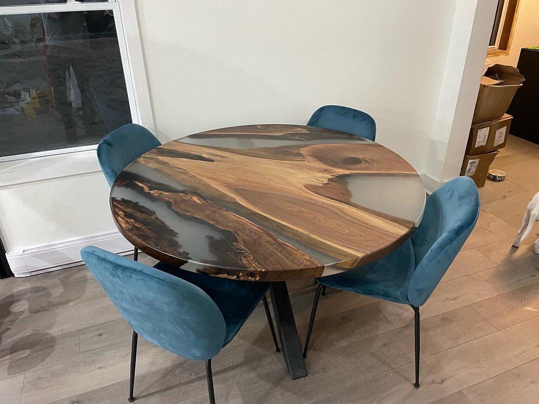 Round Epoxy Resin Table, River Coffee Table, Handcrafted Wooden Table, Coffee Table, gray epoxy resin table, Round Living Room Table