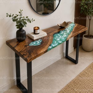 Ocean Green Epoxy River Console Table Live Edge Walnut Wood Entryway Table Handmade Sofa Table  Handmade Green Epoxy River Console Table