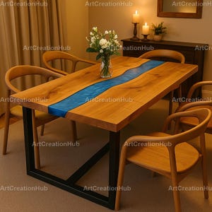 Live Edge Walnut River Dining Table with Blue Epoxy Resin – Handmade Solid Wood Table – Custom Luxury Furniture Blue Epoxy River Table –