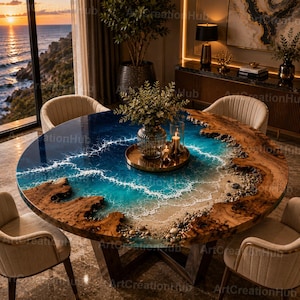 Könnte beinhalten: Ein runder Esstisch mit einem einzigartigen Design zum Thema Ozean. Der Tisch hat eine blaue Harzplatte mit weißen Wellendetails, die das Meer nachahmen. Die Kanten sind aus Naturholz gefertigt, und der Tisch steht auf einem dunklen Holzsockel.
