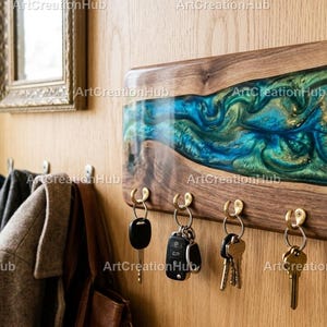 Walnut Wood Key Holder Wall Mount | Teal Epoxy Resin River Key Rack | Rustic Home Decor | Unique Entryway Organizer Teal Resin River keyrack