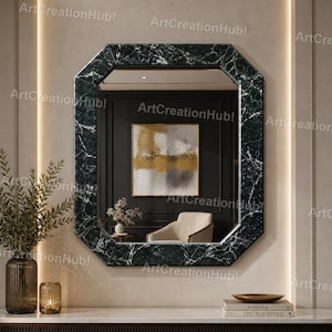 Modern Marble Frame Mirror Wall Art, Luxury Entryway Decor, Black Octagonal Marble Mirror Wall Decor, Contemporary Living Room Art,