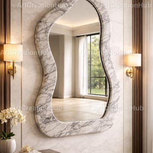 Handcrafted Calacatta Marble Mirror | Organic Irregular Wall Mirror | Large Wavy Luxury Mirror for Living Room & Entryway Decor Wavy Wall