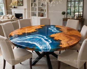 Ocean Wave Epoxy River Dining Table Round Live Edge Wood Resin Table Luxury Coastal Dining Room Furniture Handmade Blue Ocean Dining Table