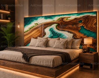 Handmade Ocean Resin Headboard, Coastal Wood Bed Headboard Turquoise Wave Art Luxury Bedroom Furniture Beach Inspired Epoxy River Headboard