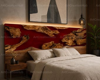 Red Epoxy River Wood Headboard Live Edge Walnut Headboard Luxury King Bed Headboard Handmade Bedroom Wall Art  Red Epoxy Resin Headboard