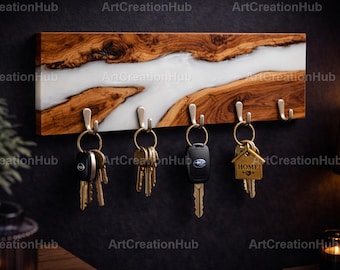 Live Edge Wood Key Holder for Wall with White Epoxy Resin River | Handmade Key Rack | Modern Entryway Organizer | Rustic Home Decor Resin