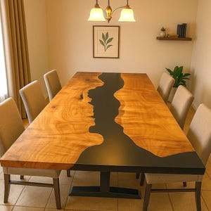 Op de afbeelding: Een grote houten eettafel met een donkere, rivierachtige epoxyharsinleg. De tafel is ongeveer 244 cm lang en heeft een natuurlijke houtnerf afwerking. Beige gestoffeerde stoelen omringen de tafel, wat een warme eethoek creëert.