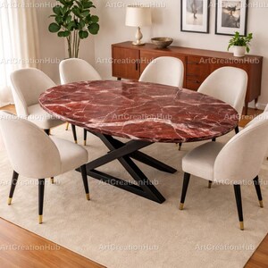 Rosso Levanto Marble Dining Table Oval, Red Marble Table Top with Black Metal X Legs, Luxury Stone Dining Table, Custom Marble Furniture