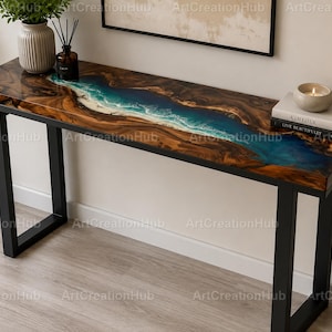 Table console artisanale en résine époxy effet océan, en noyer massif à bords naturels, table d'entrée de luxe, table console en résine effet vagues océaniques, table de couloir en bois massif à bords naturels