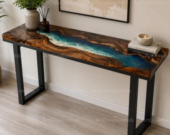 Handmade Ocean Epoxy Resin Console Table Live Edge Walnut Entryway Table Luxury Ocean Wave Resin Console Table Live Edge Wood Hallway Table