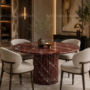 Handmade Red Marble Dining Table – Luxury Round Stone Table   Modern Burgundy Marble Dining Table – Contemporary Round Stone Dining Table