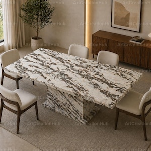 Handgemaakte eettafel van wit marmer | Luxe rechthoekige stenen tafel | Moderne eetkamermeubels | Op maat gemaakte marmeren eettafel