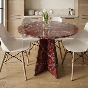Rosso Levanto Marble Round Dining Table | Luxury Red Marble Pedestal Table | Modern Stone Dining Room Furniture Round Marble Dining Table