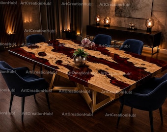 Luxury Red Epoxy River Dining Table, Live Edge Wood Resin Table, Modern Handmade Dining Table Handmade Red Resin River Dining Table