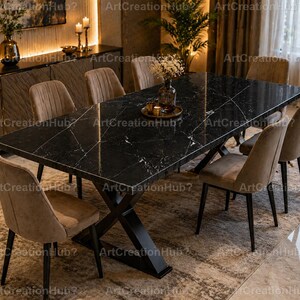 Black Marble Dining Table, Luxury Dining Table, Nero Marquina Stone Table, Modern Dining Room Furniture Handmade Black Marble Dining Table