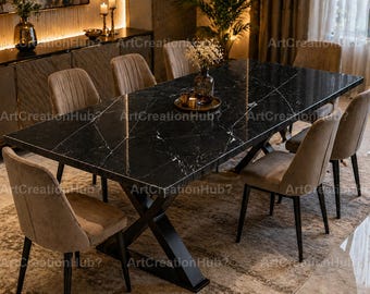 Black Marble Dining Table, Luxury Dining Table, Nero Marquina Stone Table, Modern Dining Room Furniture Handmade Black Marble Dining Table