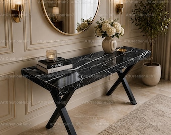 Black Spider Marble Console Table, Luxury Marble Entryway Table Modern Hallway Console Black Stone Sofa Table Nero Marquina Console Table,