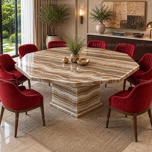 Brown Onyx Octagonal Dining Table, Luxury Natural Stone Dining Table, Modern Pedestal Marble Table,  Octagon Brown Onyx Dining Table,