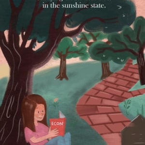 Op de afbeelding: Een jong persoon zit onder een grote eik en leest een boek met de titel "ECON". De sc&egrave;ne speelt zich af in een park met een pad van bakstenen dat wegloopt van de boom. De tekst "Studying under oak trees in the sunshine state." staat boven de boom.