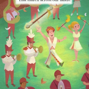 Op de afbeelding: Een illustratie van een fanfare met muzikanten die instrumenten bespelen. De tekst "Goodnight to the bands that march across our lands." staat bovenaan de afbeelding.