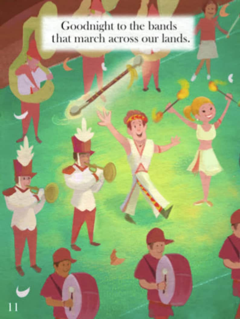 Op de afbeelding: Een illustratie van een fanfare met muzikanten die instrumenten bespelen. De tekst "Goodnight to the bands that march across our lands." staat bovenaan de afbeelding.