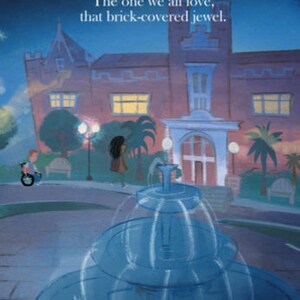 Op de afbeelding: Een bakstenen gebouw met een fontein ervoor. Het gebouw heeft een bord met de tekst "In Tallahassee, there stands a school. The one we all love, that brick-covered jewel."